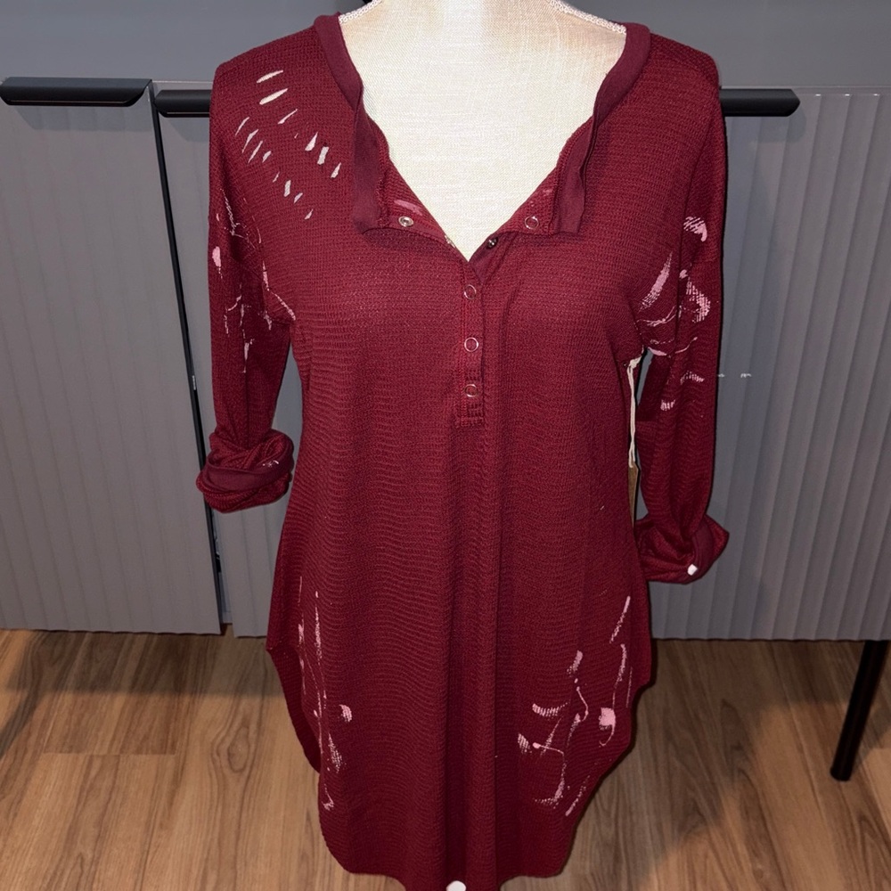 Long sleeve Destroyed Knit Top-Burgundy - Picture 9 of 9